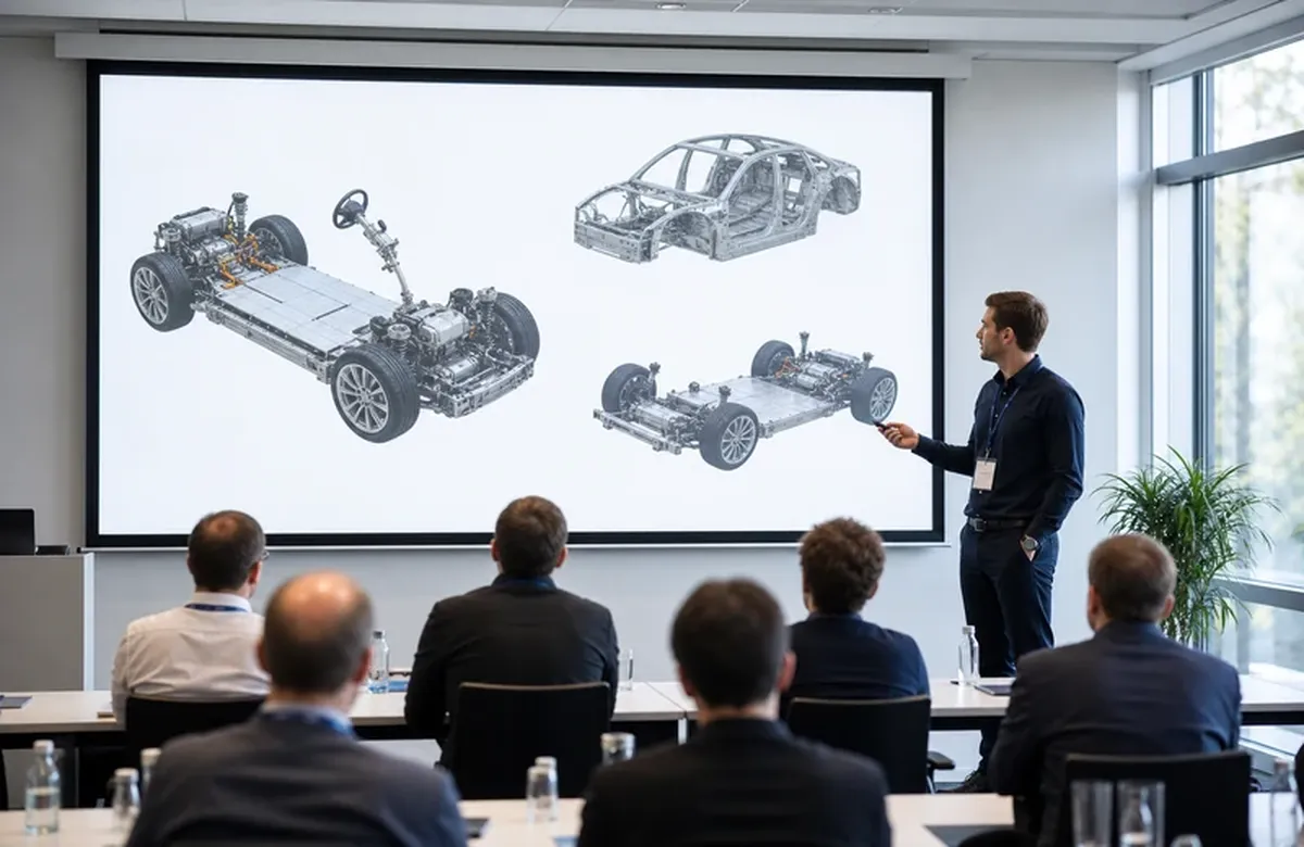 Präsentationsbildschirm mit Diagrammen und Fahrzeugsilhouette in hellem Raum