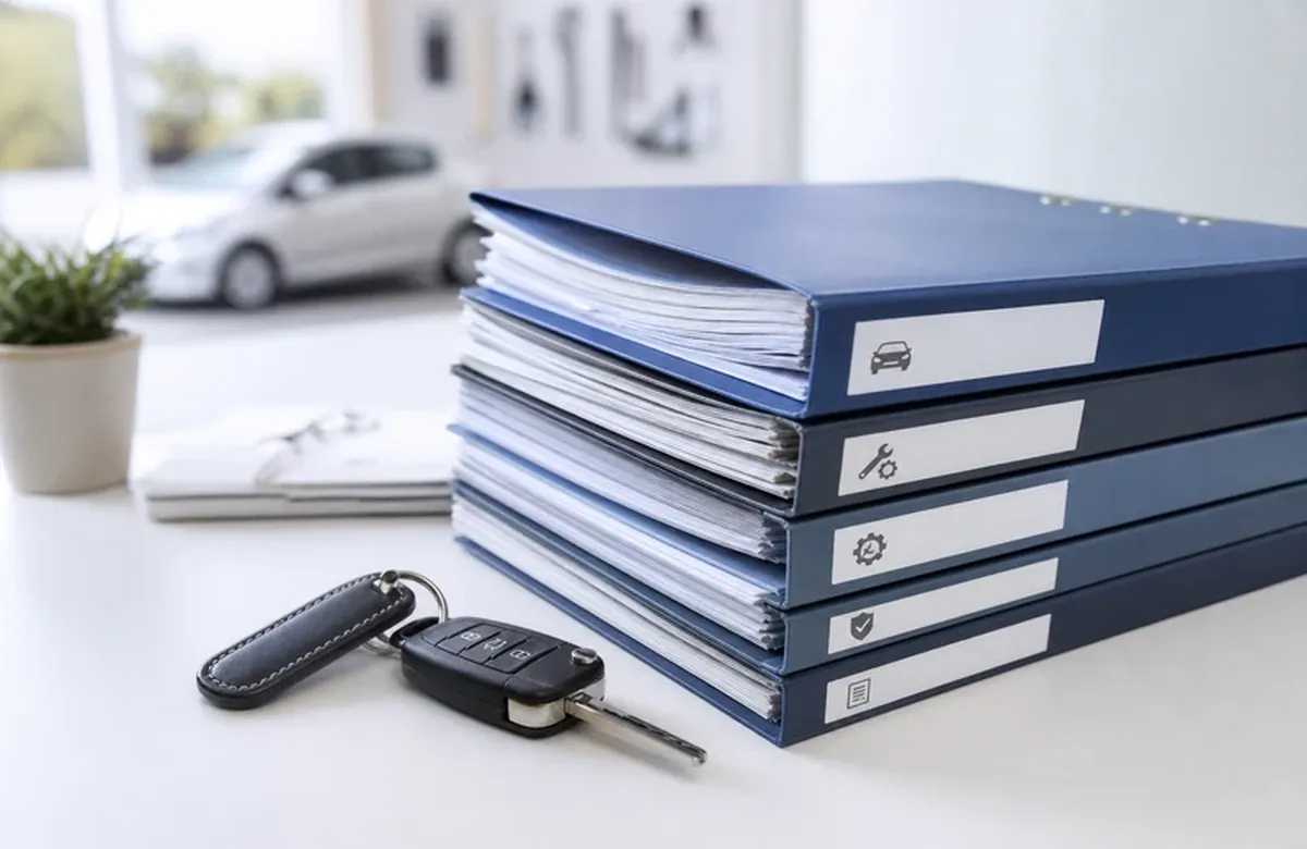 Ordner mit Serviceunterlagen und Fahrzeugschlüssel auf hellem Schreibtisch